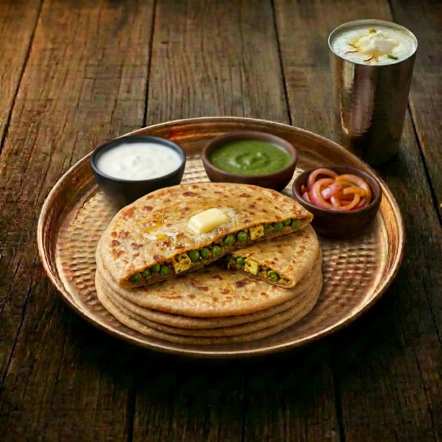 Matar paneer paratha fresh off the tawa