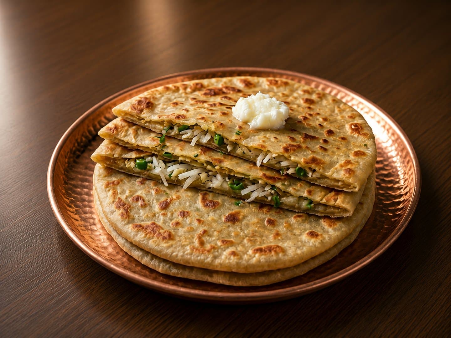 Golden mooli paratha plated hot